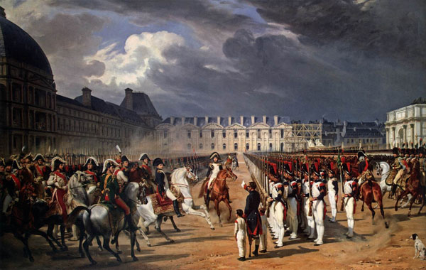 an invalid submitting a petition to napoleon at a parade in the courtyard of the tuileries palace